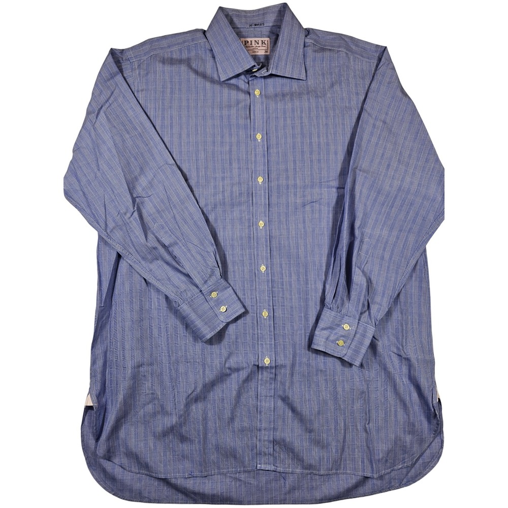 Thomas Pink Mens Blue Glen Plaid Cotton Dress Shirt 17.5 34 Made in Ireland